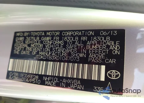 2013 Toyota Prius C Two из США, поврежденный, VIN JTDKDTB3XD1047073